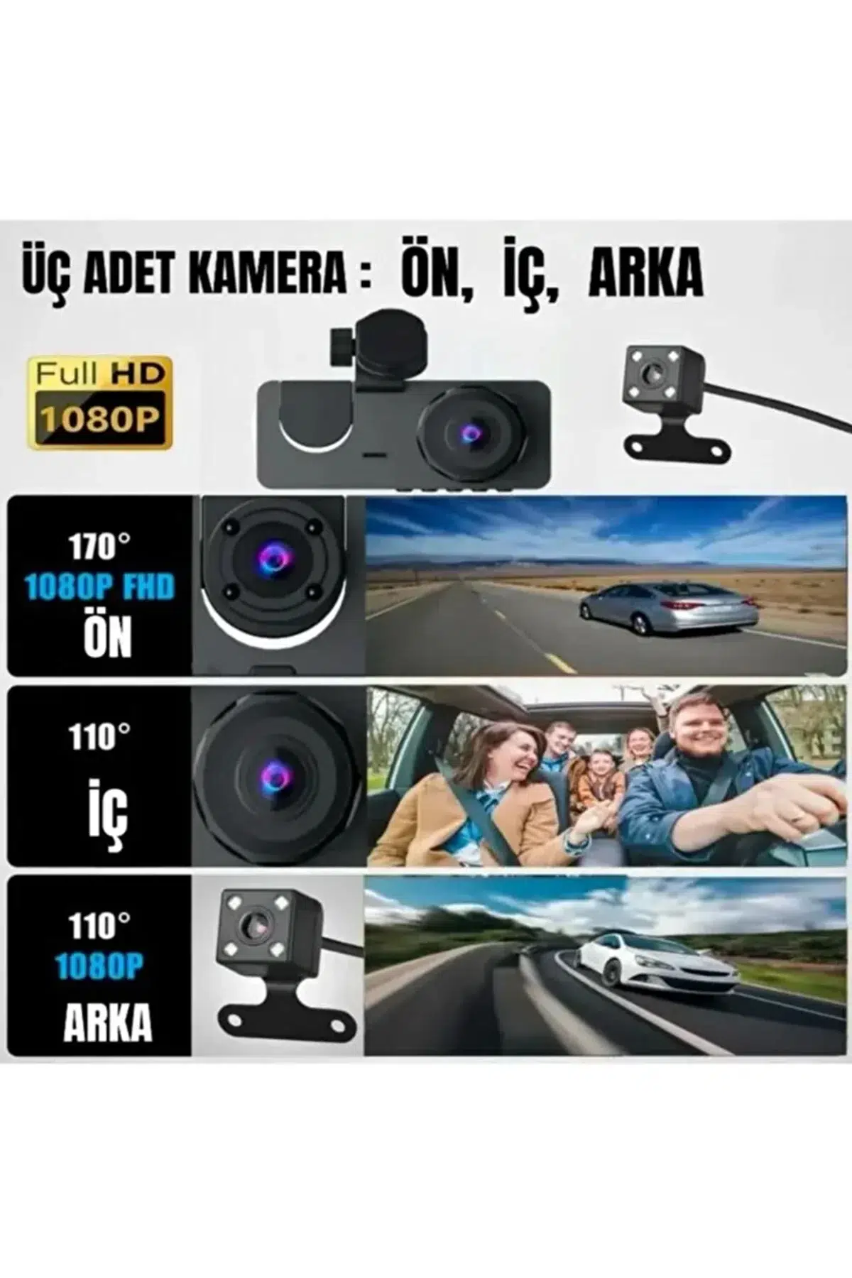 1080p Full Hd Çözünürlüklü Üç Kameralı Araç İçi Kamera - Park Ve Sürüş Güvenliği 1080p Full Hd Çözünürlüklü Üç Kameralı Araç İçi Kamera - Park Ve Sürüş Güvenliği