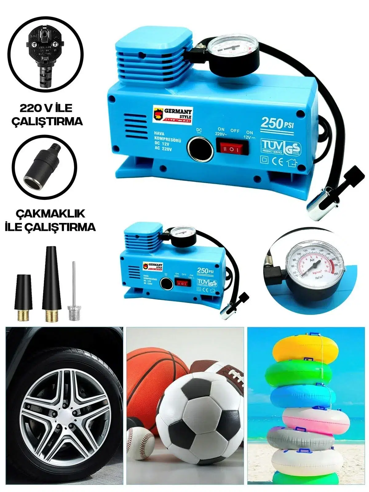 220 Volt-12 Volt 250 Psi Geniş Uygulama Yelpazesi Kompresör Lastik Hava Şişirme Oto Pompası 220 Volt-12 Volt 250 Psi Geniş Uygulama Yelpazesi Kompresör Lastik Hava Şişirme Oto Pompası