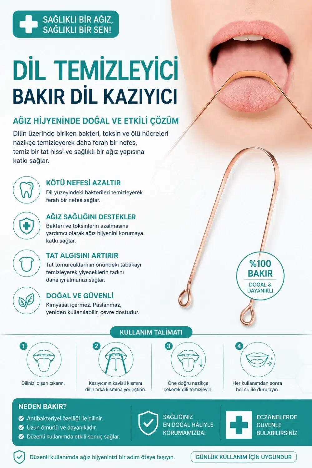 Bakır Dil Temizleme Atı – Dil Temizleyici – Ağız Bakım Atı – Dil Kazıyıcı – Metal Dil Temizleme Ekipmanı