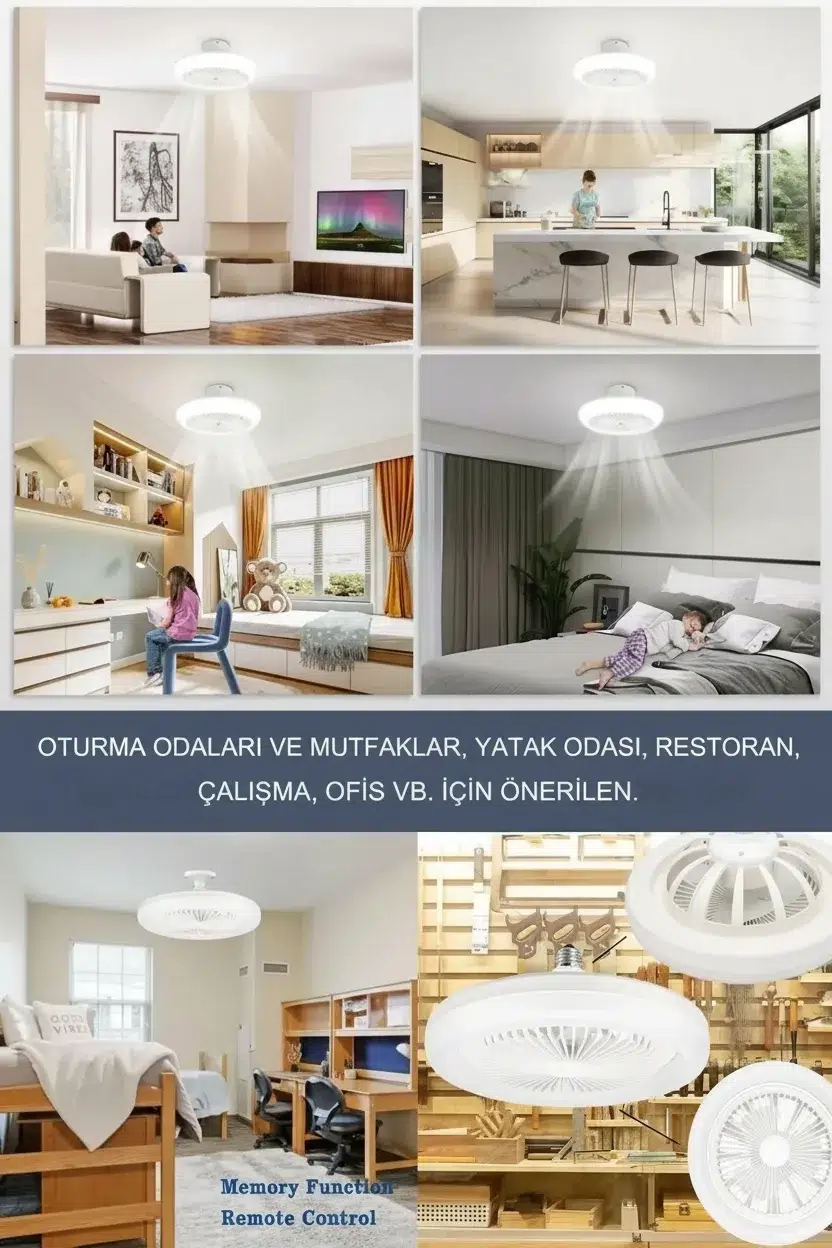 E27 Duylu Kumandalı Tavan Vantilatörlü Led Lamba 3 Hız Ve Renk Ayarlı Tavan Pervanesi