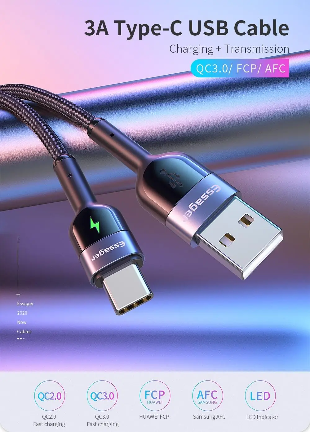 Essager Led Işıklı 3.0A 1Metre Type-C Şarj Data Kablosu Essager Led Işıklı 3.0A 1Metre Type-C Şarj Data Kablosu