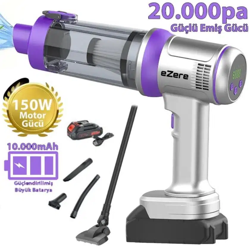 Ezere Powerstorm Kablosuz El Süpürgesi 20000Pa Çekim Gücü, 3 Kademeli, HEPA Filtre, 21V 2.0Ah Batarya