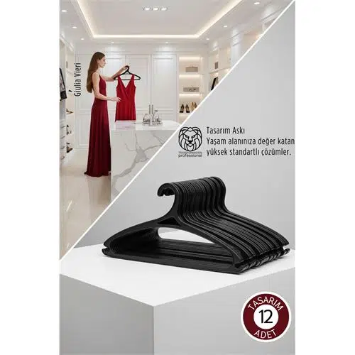 Giulia Vieri Selection: 12'li Premium İtalyan Tasarım İnce Siluet Kaymaz Elbise Askısı Seti SİYAH