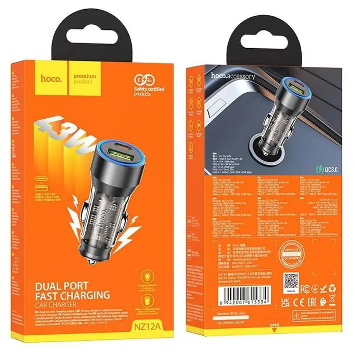 HOCO NZ12A Action PD43W USB + Type-C Hızlı Şarj Araç Çakmaklı Şarj Aleti Siyah HOCO NZ12A Action PD43W USB + Type-C Hızlı Şarj Araç Çakmaklı Şarj Aleti Siyah