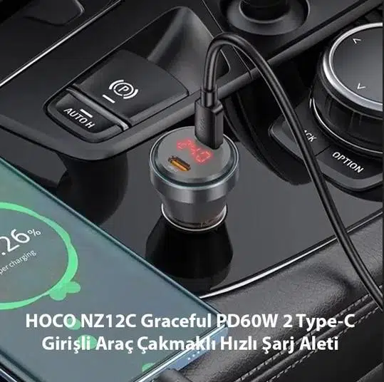HOCO NZ12C Graceful PD60W 2 Type-C Girişli Araç Çakmaklı Hızlı Şarj Aleti HOCO NZ12C Graceful PD60W 2 Type-C Girişli Araç Çakmaklı Hızlı Şarj Aleti