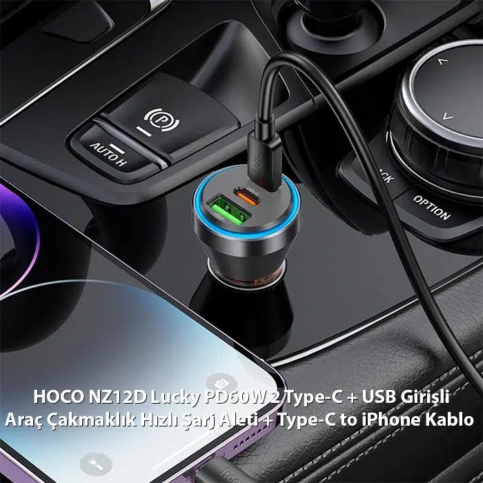 HOCO NZ12D Lucky PD60W 2 Type-C + USB Girişli Araç Çakmaklık Hızlı Şarj Aleti + Type-C to iPhone Kablolu 1Metre Siyah HOCO NZ12D Lucky PD60W 2 Type-C + USB Girişli Araç Çakmaklık Hızlı Şarj Aleti + Type-C to iPhone Kablolu 1Metre Siyah