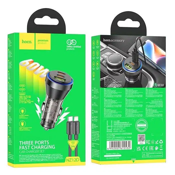 HOCO NZ12D Lucky PD60W 2 Type-C + USB Girişli Araç Çakmaklık Hızlı Şarj Aleti + Type-C to iPhone Kablolu 1Metre Siyah HOCO NZ12D Lucky PD60W 2 Type-C + USB Girişli Araç Çakmaklık Hızlı Şarj Aleti + Type-C to iPhone Kablolu 1Metre Siyah