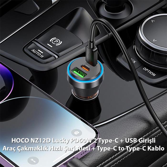 HOCO NZ12D Lucky PD60W 2 Type-C + USB Girişli Araç Çakmaklık Hızlı Şarj Aleti + Type-C to Type-C Kablolu 1 Metre Siyah HOCO NZ12D Lucky PD60W 2 Type-C + USB Girişli Araç Çakmaklık Hızlı Şarj Aleti + Type-C to Type-C Kablolu 1 Metre Siyah