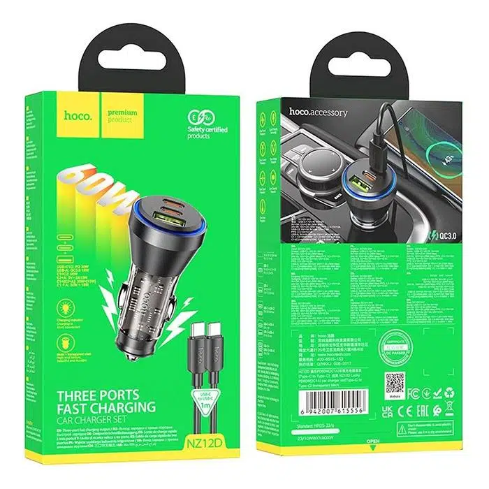 HOCO NZ12D Lucky PD60W 2 Type-C + USB Girişli Araç Çakmaklık Hızlı Şarj Aleti + Type-C to Type-C Kablolu 1 Metre Siyah HOCO NZ12D Lucky PD60W 2 Type-C + USB Girişli Araç Çakmaklık Hızlı Şarj Aleti + Type-C to Type-C Kablolu 1 Metre Siyah
