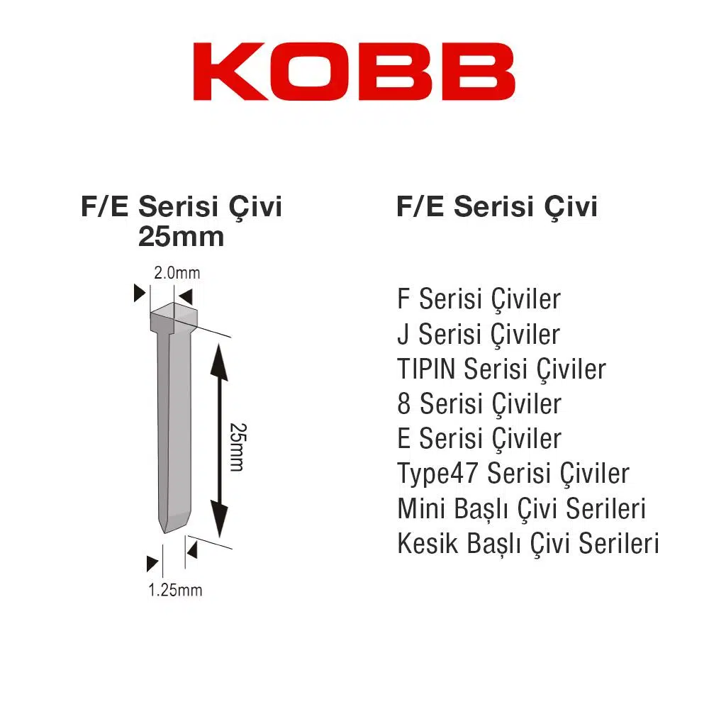 KOBB KBZ25F 25mm 2500 Adet F/E/J/8 Serisi Ağır Hizmet Tipi Kesik Başlı Çivi KOBB KBZ25F 25mm 2500 Adet F/E/J/8 Serisi Ağır Hizmet Tipi Kesik Başlı Çivi