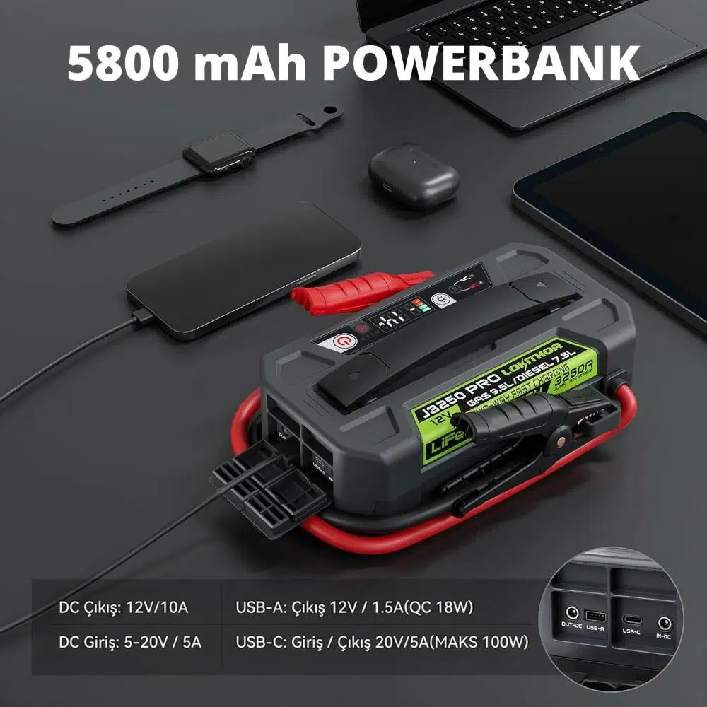 Lokithor J3250PRO 12V 3250Amp LiFePO4 Akıllı Akü Takviye + Powerbank + Led Lamba Lokithor J3250PRO 12V 3250Amp LiFePO4 Akıllı Akü Takviye + Powerbank + Led Lamba