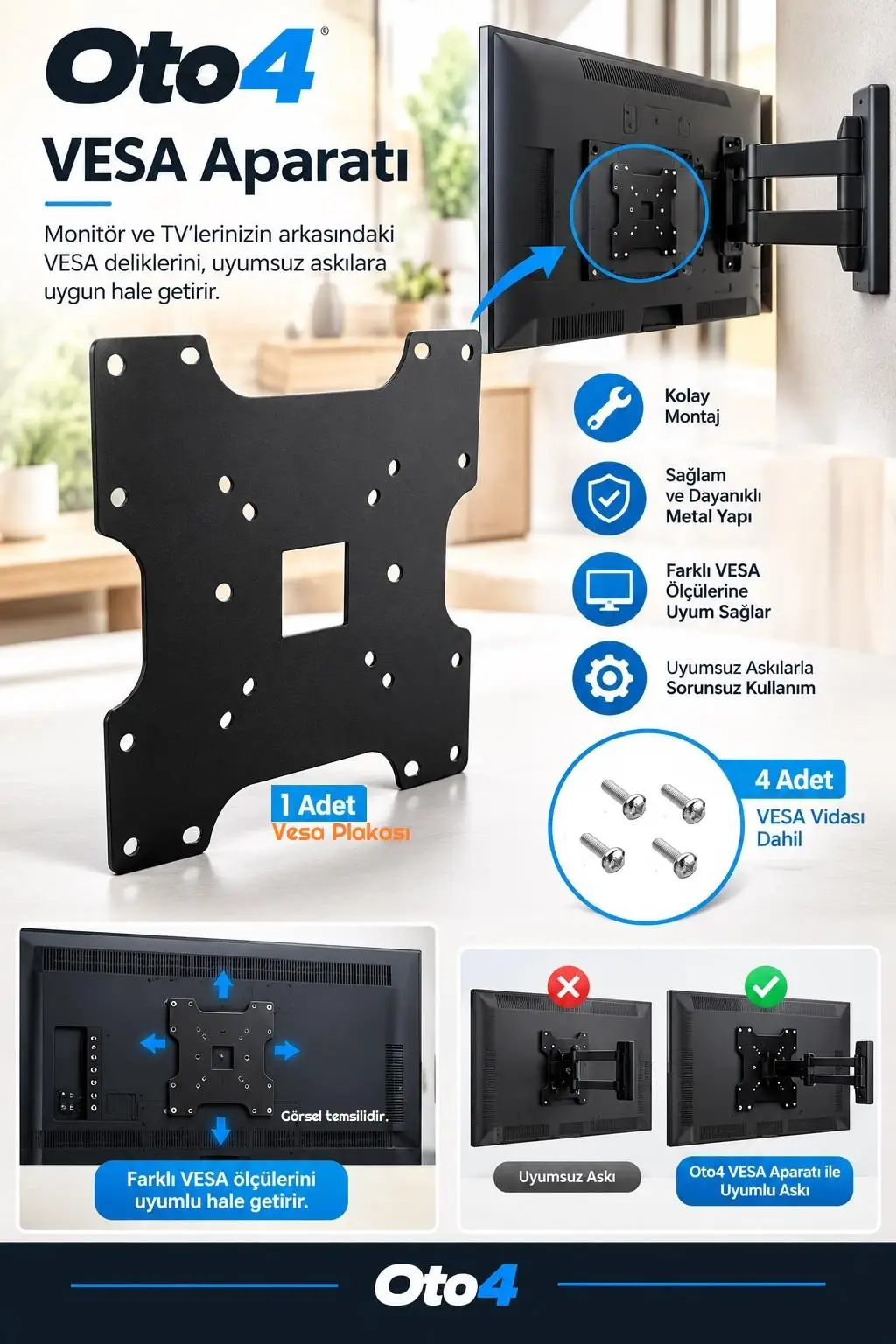 Oto4 Monitör Arkası Vesa Plaka Aparatı 20cmx20cm uyumlu