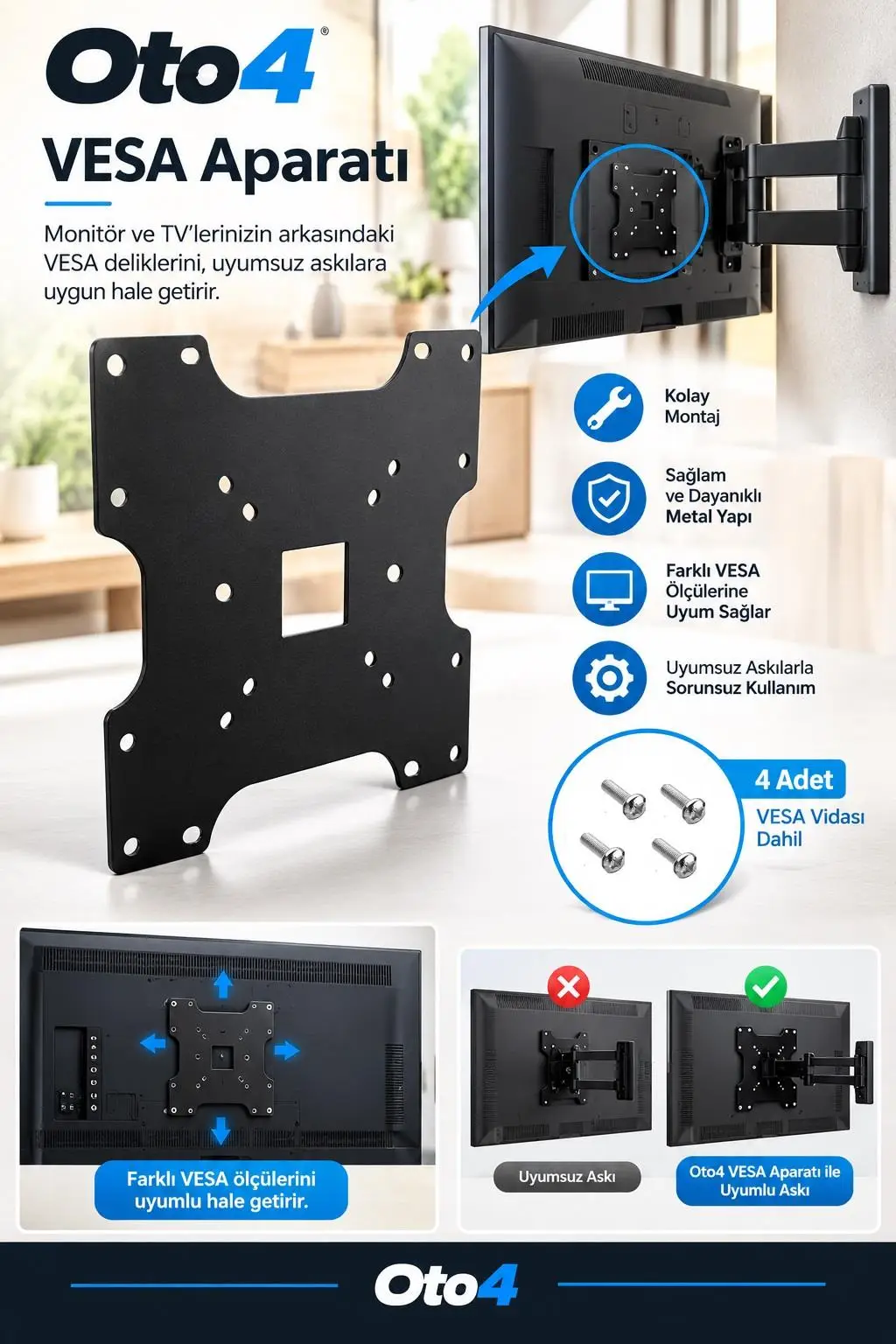 Oto4 Monitör Arkası Vesa Plaka Aparatı 20cmx20cm uyumlu Oto4 Monitör Arkası Vesa Plaka Aparatı 20cmx20cm uyumlu