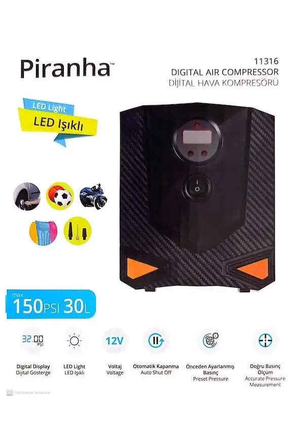 Piranha Dijital Hava Kompresörü Lastik Hava Pompası 150 Psi Piranha Dijital Hava Kompresörü Lastik Hava Pompası 150 Psi