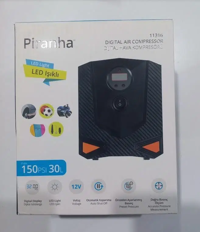 Piranha Dijital Hava Kompresörü Lastik Hava Pompası 150Psi Çakmaklık Girişli