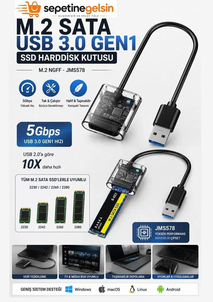 Sepetinegelsin M.2 Sata USB 3.0 Gen1 SSD Harddisk Kutusu M.2 NGFF- JMS578