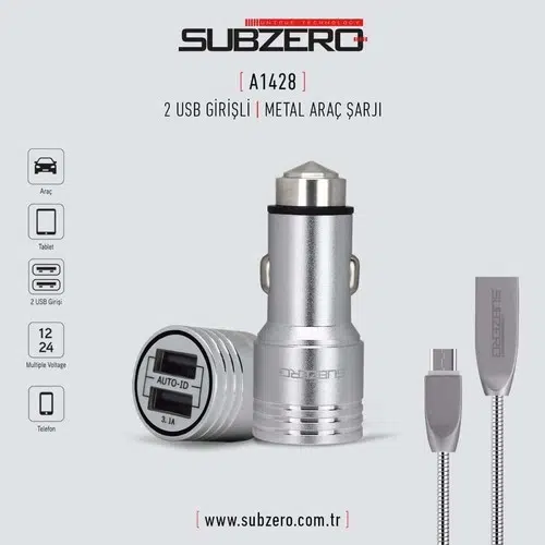 Subzero 3.1A Type-C Araç Şarj Cihazı ve Kablo A1428 Subzero 3.1A Type-C Araç Şarj Cihazı ve Kablo A1428