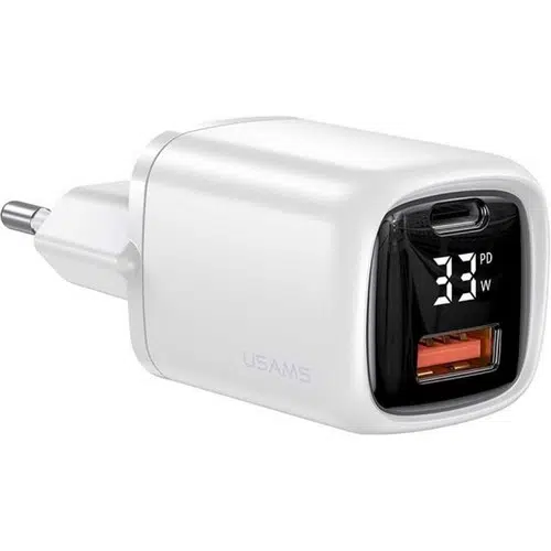 USAMS Usams CC152W T46 33W Type-C + Type-A Dijital Göstergeli Hızlı Şarj Başlığı Beyaz