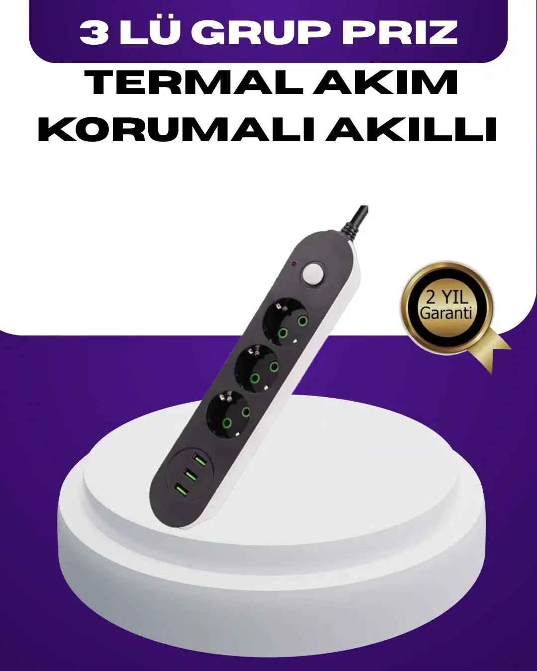 Usb Yuvalı Anahtarlı Üçlü Priz 2 Metre Kablolu Usb Yuvalı Anahtarlı Üçlü Priz 2 Metre Kablolu