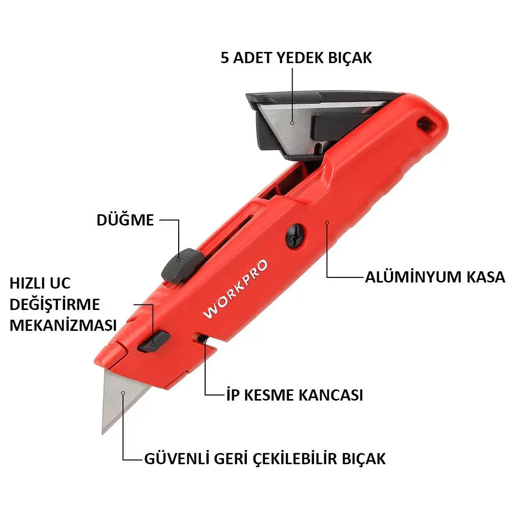 WORKPRO WP213009 Ağır Hizmet Alüminyum Gövde Geri Çekilebilir Rötuş Maket Bıçağı + 5 Adet Yedek Bıçak WORKPRO WP213009 Ağır Hizmet Alüminyum Gövde Geri Çekilebilir Rötuş Maket Bıçağı + 5 Adet Yedek Bıçak