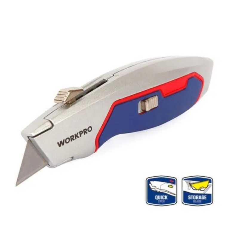WORKPRO WP213011 Ağır Hizmet Alüminyum Gövde Geri Çekilebilir Rötuş Maket Bıçağı + 3 Adet Yedek Bıçak