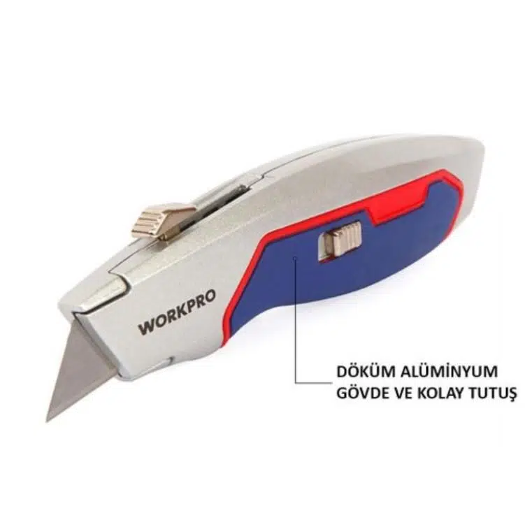 WORKPRO WP213011 Ağır Hizmet Alüminyum Gövde Geri Çekilebilir Rötuş Maket Bıçağı + 3 Adet Yedek Bıçak WORKPRO WP213011 Ağır Hizmet Alüminyum Gövde Geri Çekilebilir Rötuş Maket Bıçağı + 3 Adet Yedek Bıçak