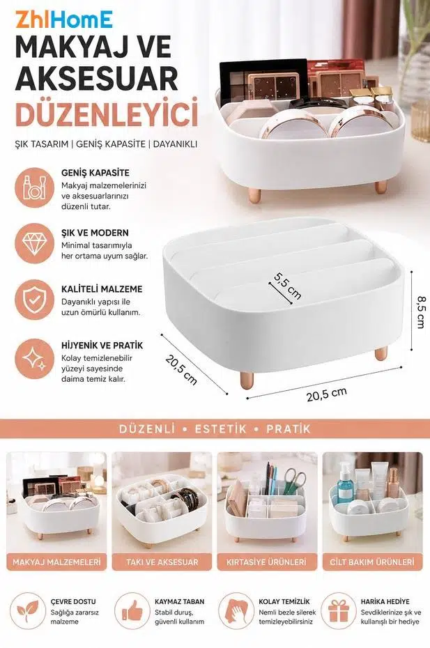 Zhlhome 4 Bölmeli Ayaklı Makyaj ve Takı Organizeri Estetik Tasarım Beyaz