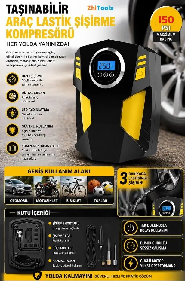 Sepetinegelsin 12V Dijital Ekranlı 150 Psi Lastik Hava şişirme Pompası