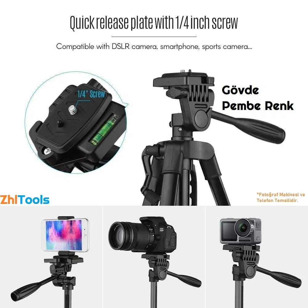 Zhltools 140Cm Aliminyum Hafif Gövdeli Su Terazili Tripod Pembe Zhltools 140Cm Aliminyum Hafif Gövdeli Su Terazili Tripod Pembe