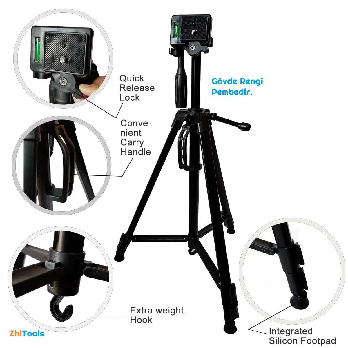 Zhltools 140Cm Aliminyum Hafif Gövdeli Su Terazili Tripod Pembe Zhltools 140Cm Aliminyum Hafif Gövdeli Su Terazili Tripod Pembe