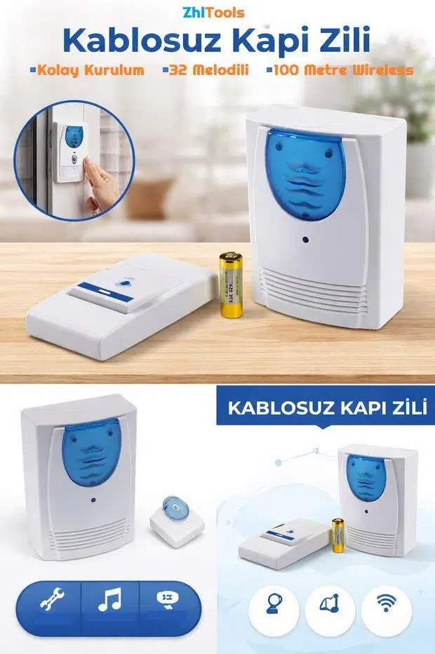 Zhltools 32 Melodi Kablosuz Kapı Zili Wireless 100 Metre Etkili