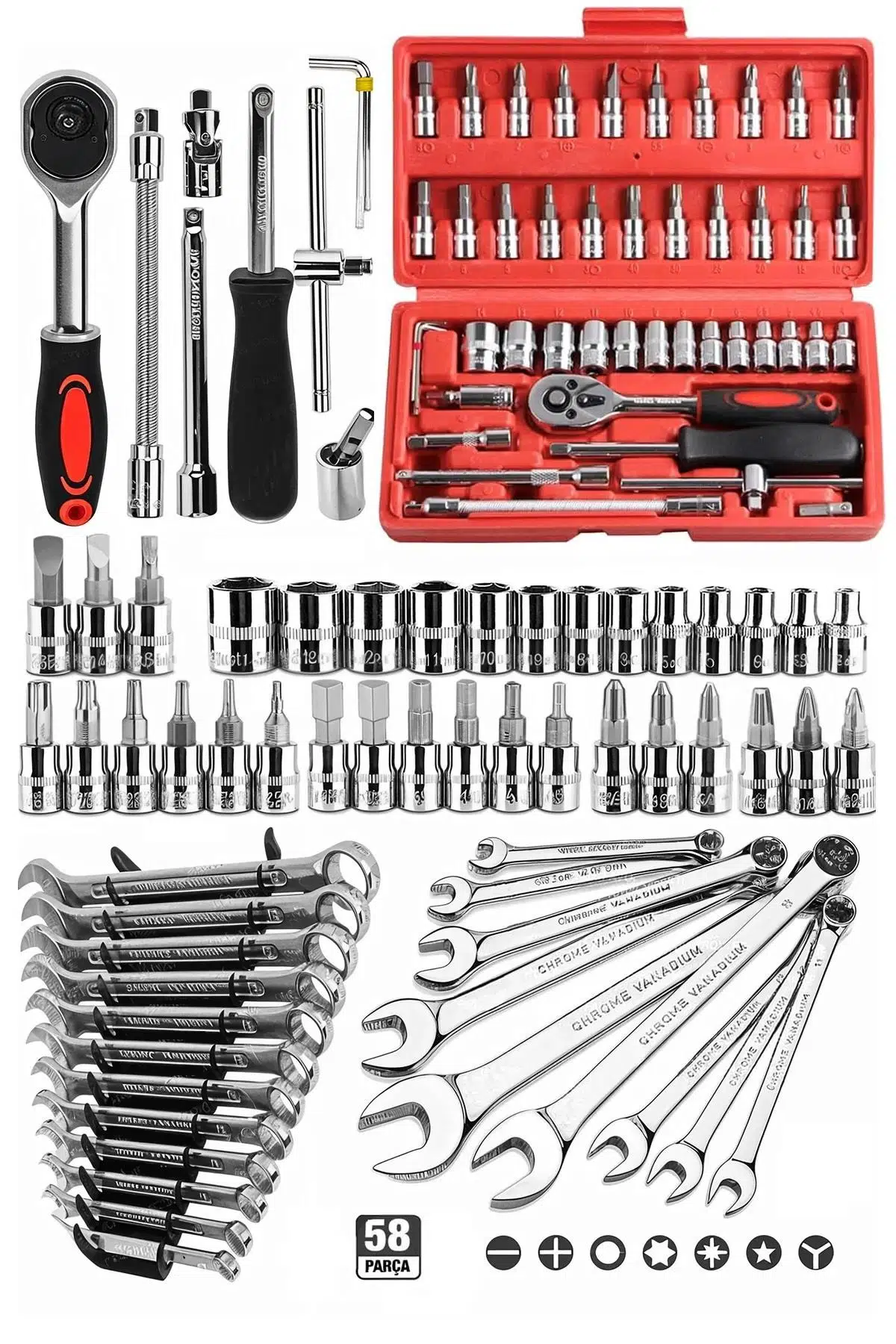 Zhltools 58 Parça Set 46 Parça Lokma Takımı otomatik Cırcır 1/4 12 Parça Kombine Açık Ağız Yıldız Anahtar Takımı