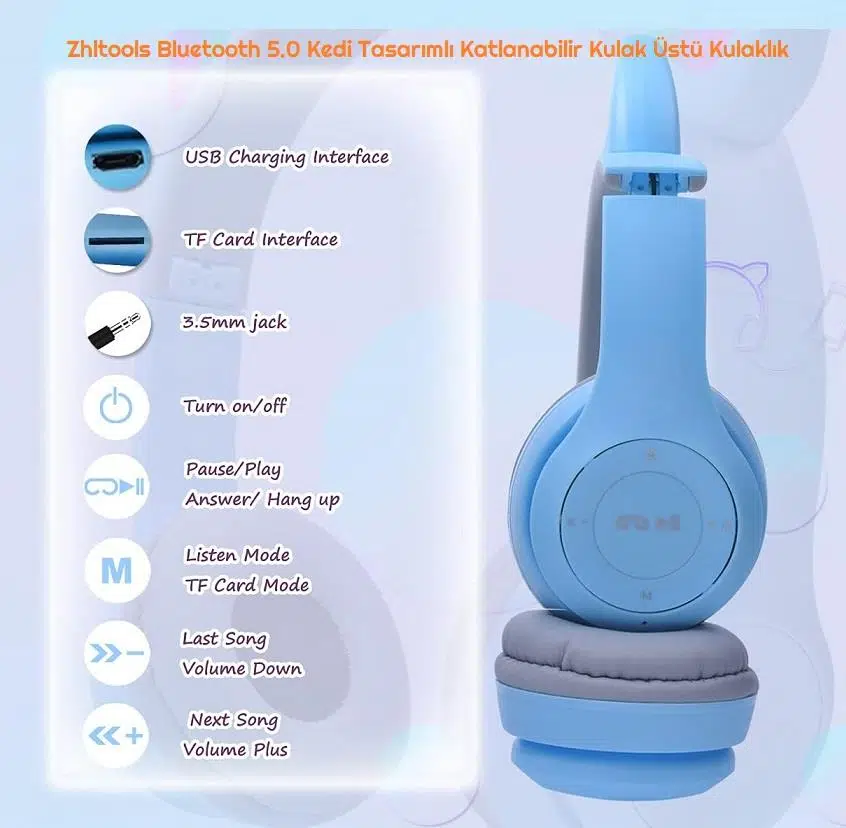 Zhltools Bluetooth 5.0 Kedi Tasarımlı Katlanabilir Kulak Üstü Kulaklık Mavi Zhltools Bluetooth 5.0 Kedi Tasarımlı Katlanabilir Kulak Üstü Kulaklık Mavi