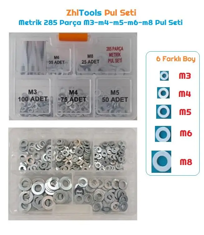 Zhltools Pul Seti Metrik 285 Parça M3-m4-m5-m6-m8 Pul Seti