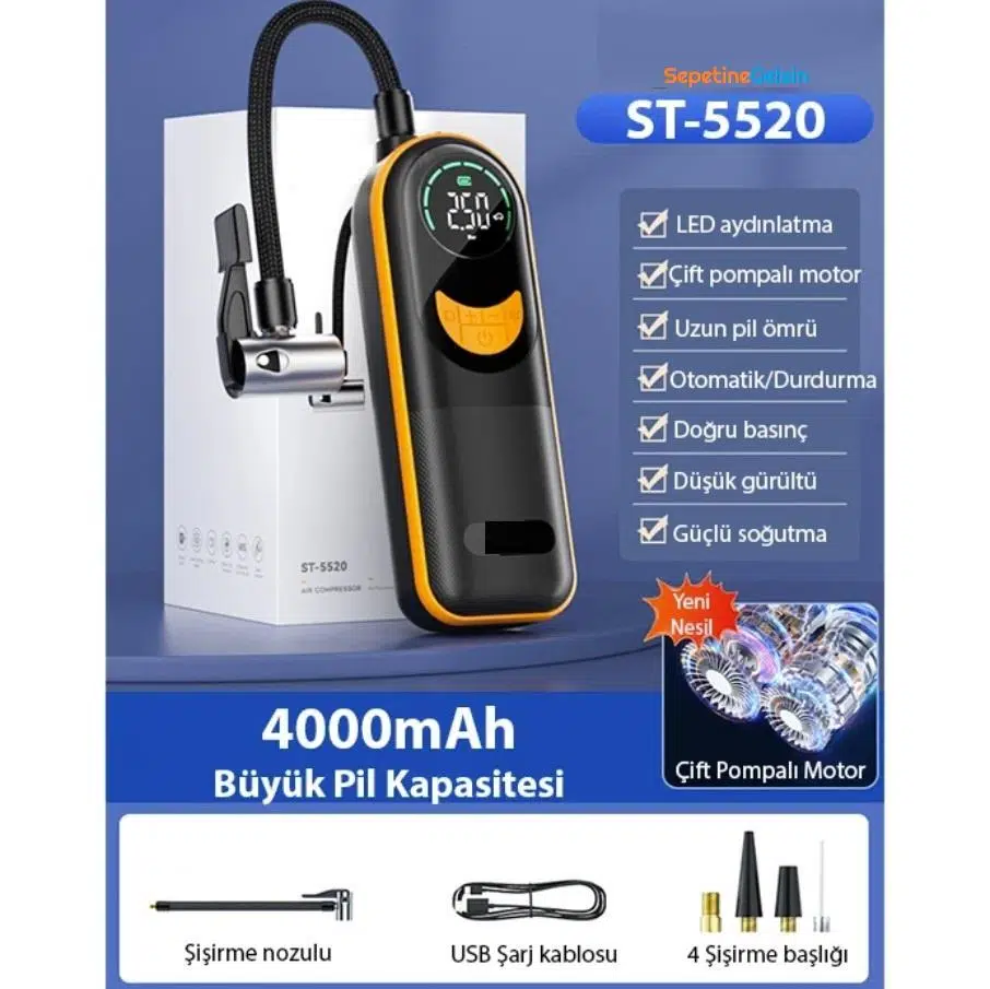 Sepetinegelsin ST-5520 Dijital Basınç Göstergeli Oto Lastik Şişirme Pompası Hava Kompresörü Sepetinegelsin ST-5520 Dijital Basınç Göstergeli Oto Lastik Şişirme Pompası Hava Kompresörü
