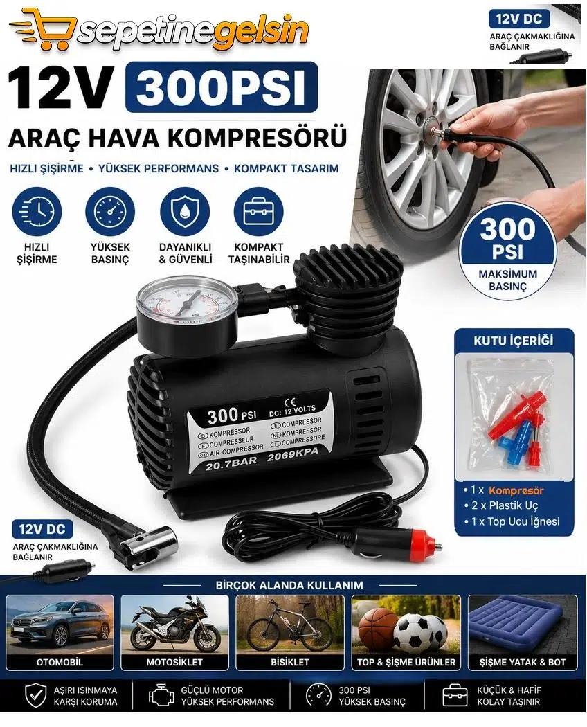 Sepetinegelsin Taşınabilir Oto Hava Kompresörü Çakmaklık İle Çalışır 12v 300 Psi