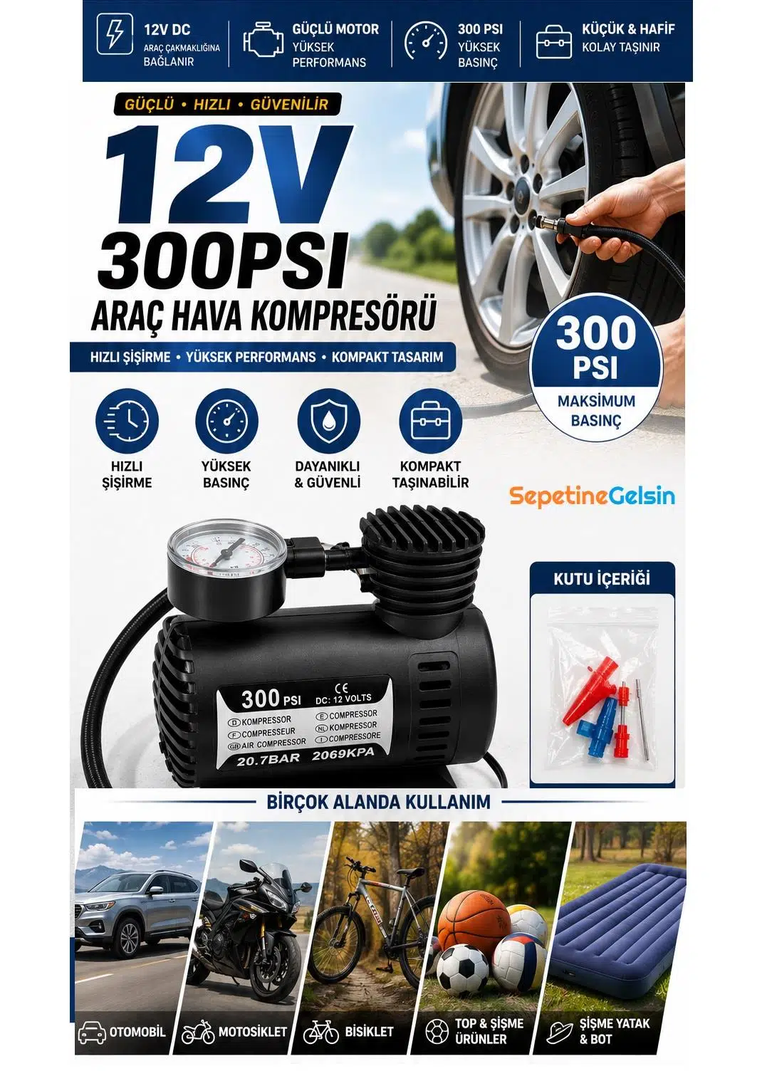 Sepetinegelsin Taşınabilir Oto Hava Kompresörü Çakmaklık İle Çalışır 12v 300 Psi Sepetinegelsin Taşınabilir Oto Hava Kompresörü Çakmaklık İle Çalışır 12v 300 Psi