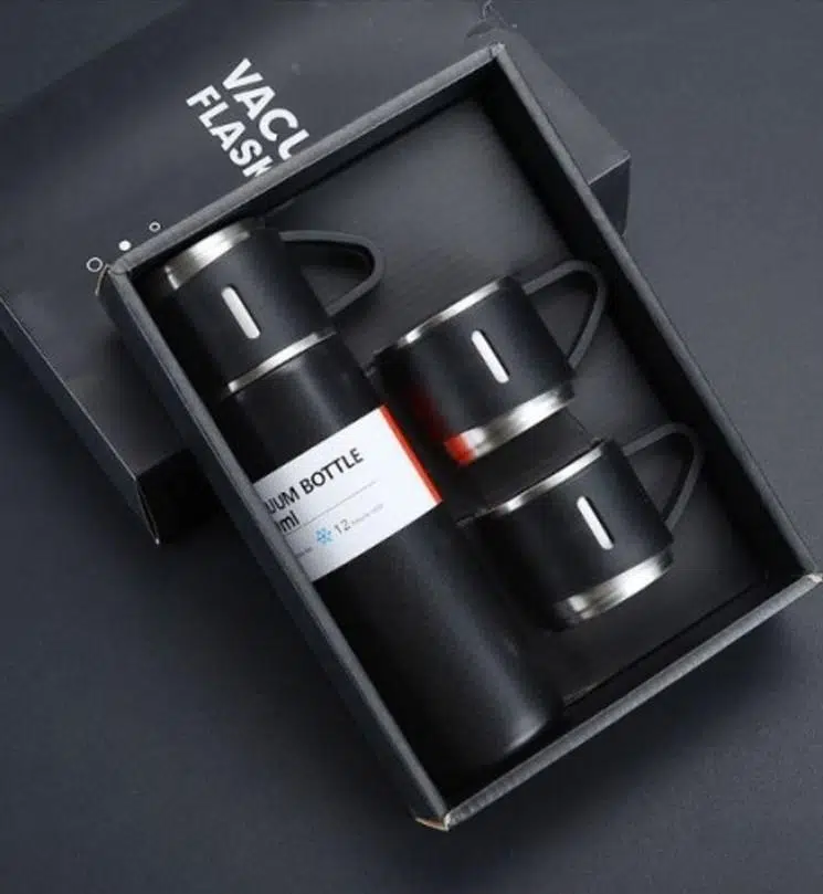 Zhltools Üç Bardaklı Kutulu Paslanmaz Termos Seti Siyah 500 ml Çelik Termos