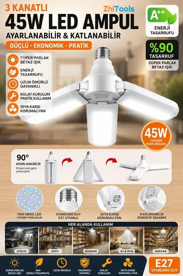 Zhltools Ultra Güçlü 3 Kollu 40-45w Ampul Led Aydınlatma Beyaz Işık Led Ampul