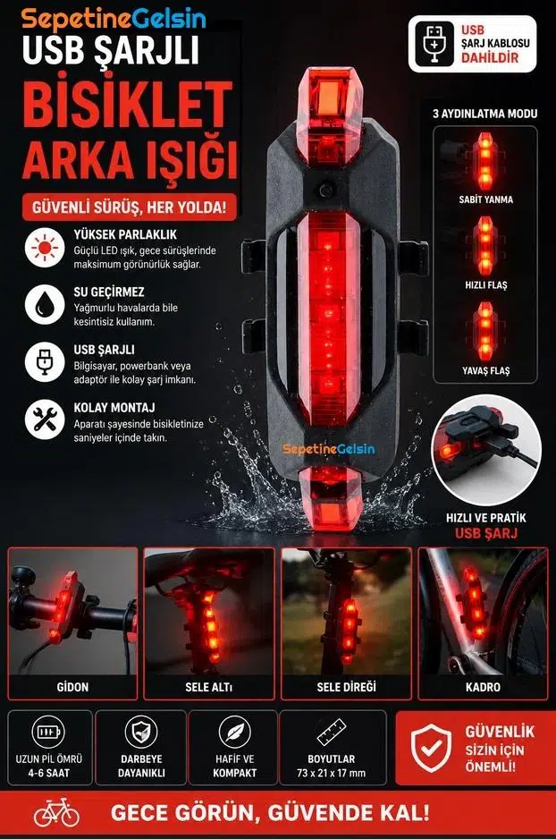Sepetinegelsin Usb Şarj Edilebilir Bisiklet Ledli Arka Stop Lamba