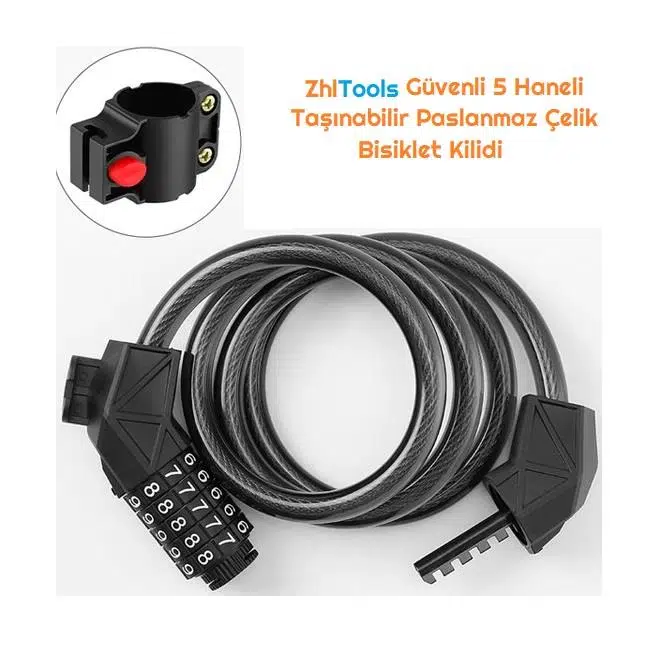 Zhltools Güvenli 5 Haneli Taşınabilir Paslanmaz Çelik Bisiklet Kilidi